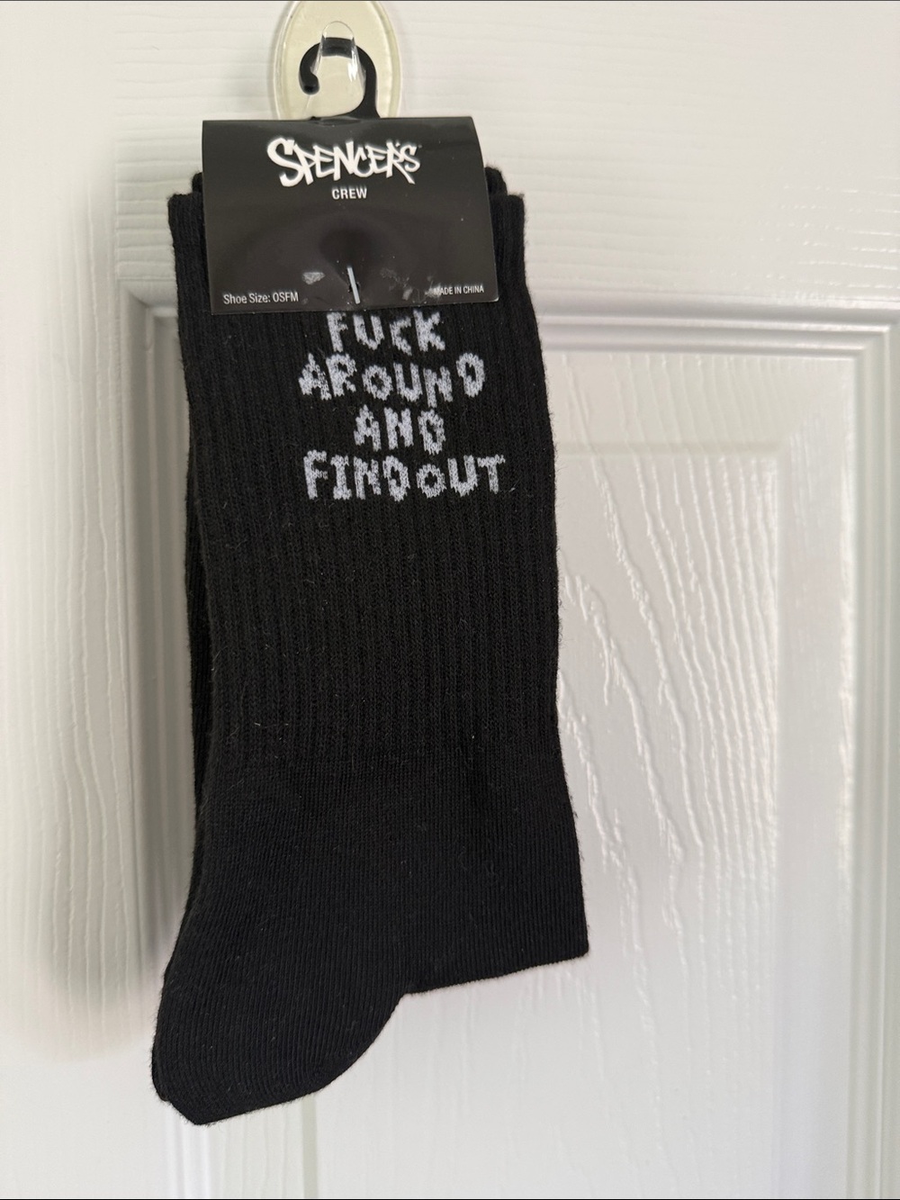 Spencer's Black Crew Socks with White Bold Text